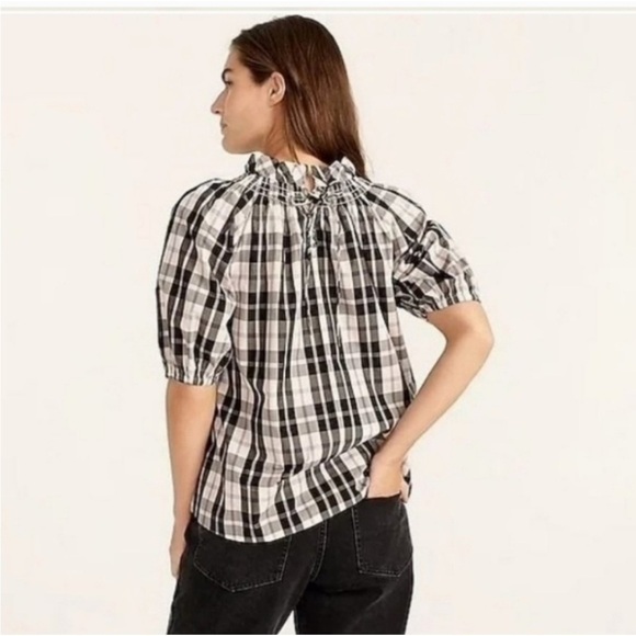 J. CREW Women's Black and White Plaid Puff Sleeve Top - Picture 3 of 13